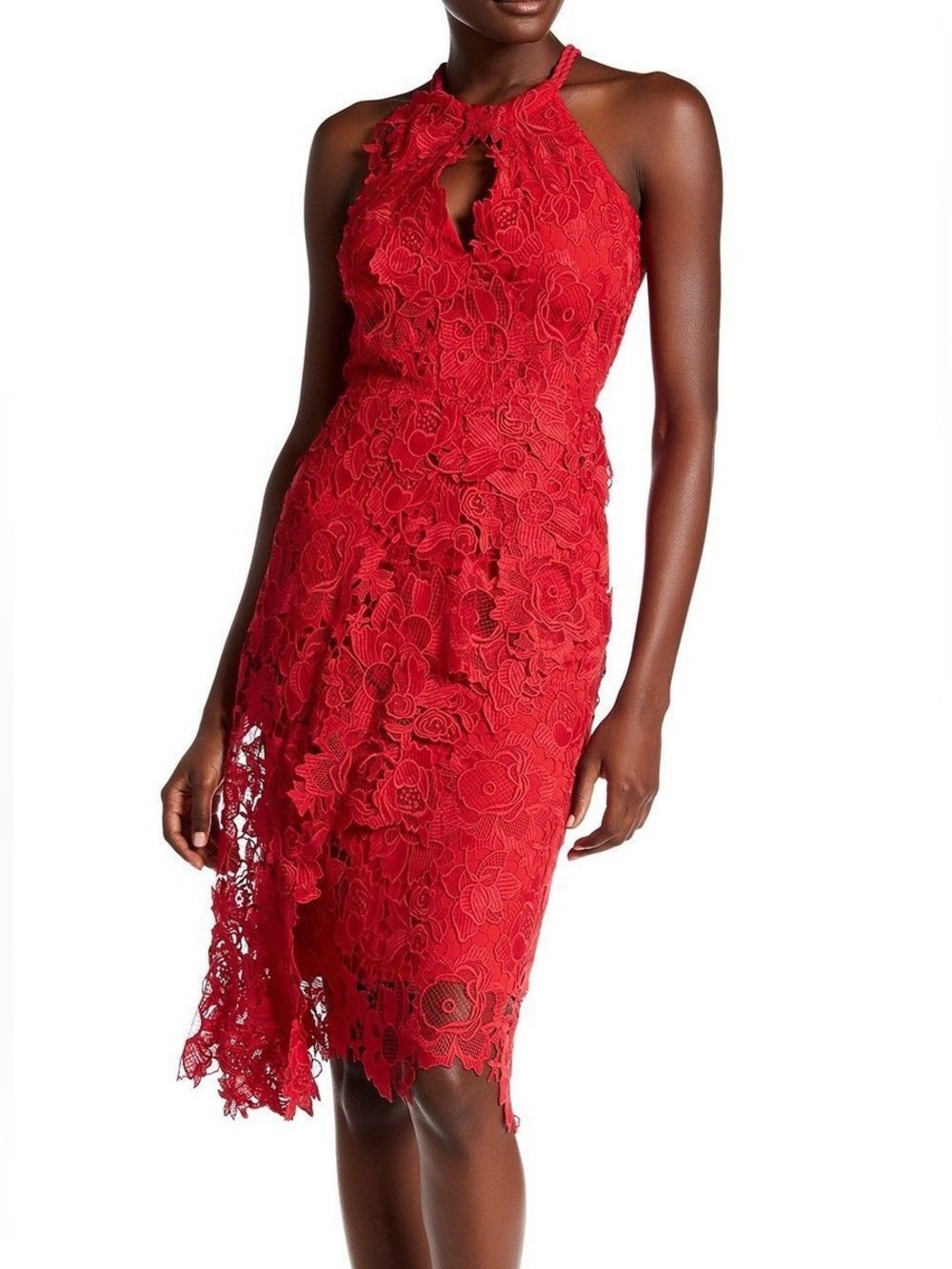 Kobi Halperin Red Floral Lace Halter Midi Dress (4)